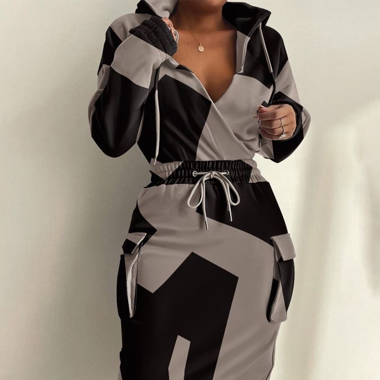 Lace-Up Långärmad Mid-Calf Bodycon Camouflage Klänning