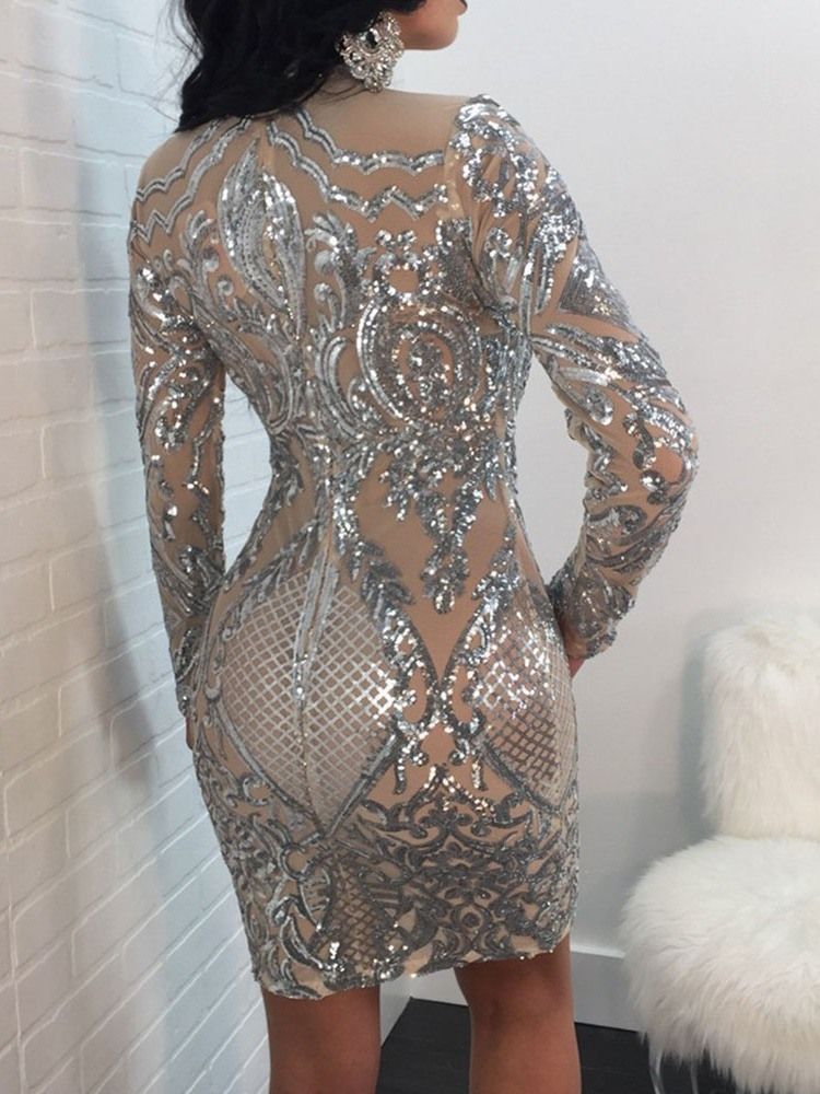 Långärmad Above Knee Paljetter Fall Bodycon Klänning