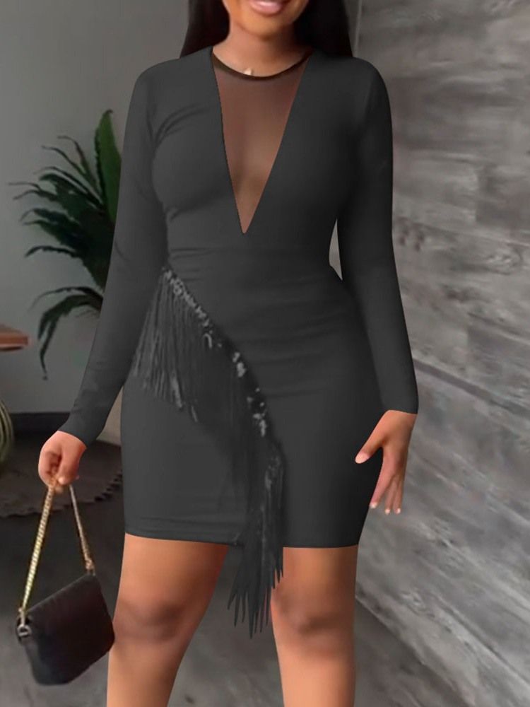Långärmad Above Knee Tassel Fall Bodycon Klänning