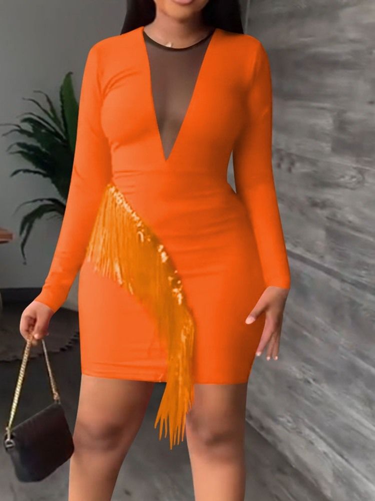 Långärmad Above Knee Tassel Fall Bodycon Klänning