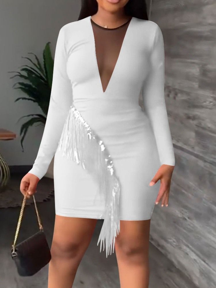 Långärmad Above Knee Tassel Fall Bodycon Klänning
