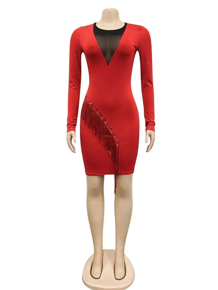 Långärmad Above Knee Tassel Fall Bodycon Klänning