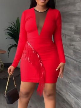 Långärmad Above Knee Tassel Fall Bodycon Klänning