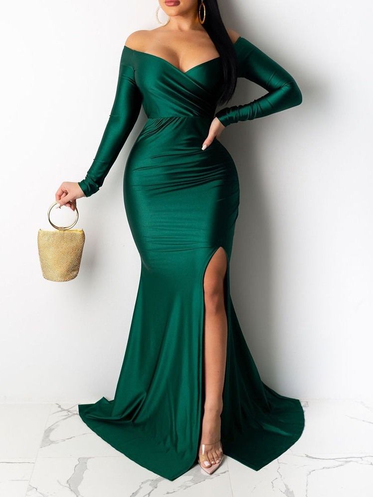Långärmad Backless Golvlång Bodycon Maxiklänning Bröllopsgästklänning