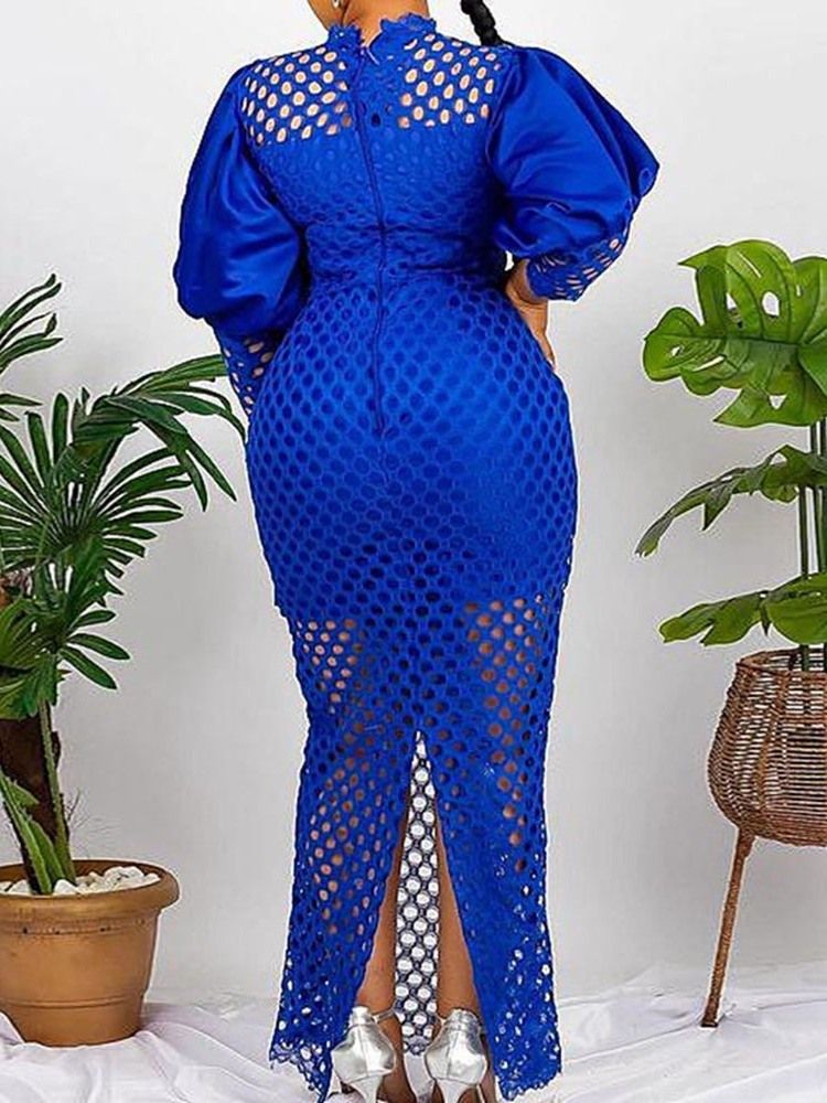 Långärmad Delad Golvlång Office Lady Puff Sleeve Bodycon Klänning