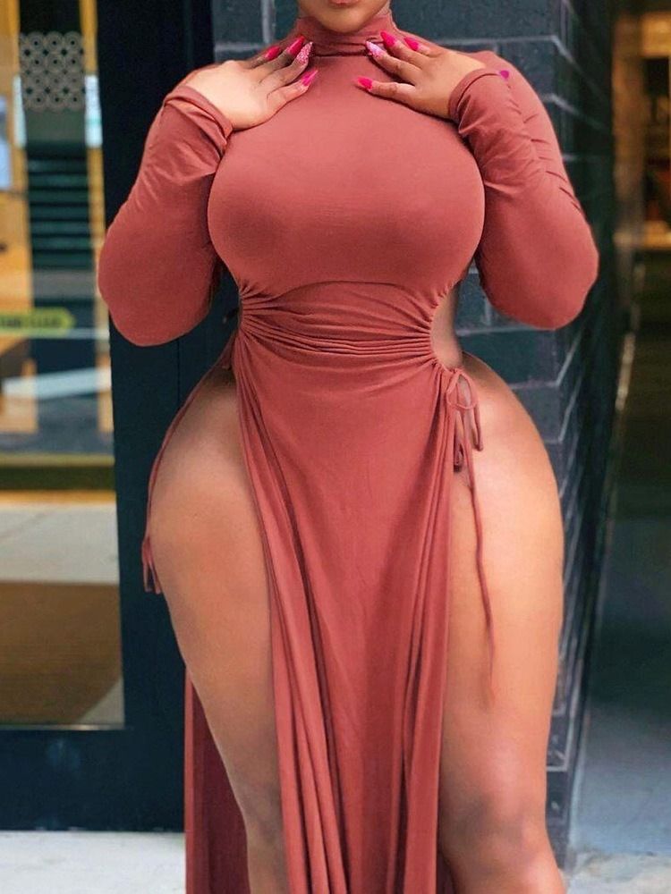 Långärmad Delad Turtleneck Vanlig Sexig Klänning