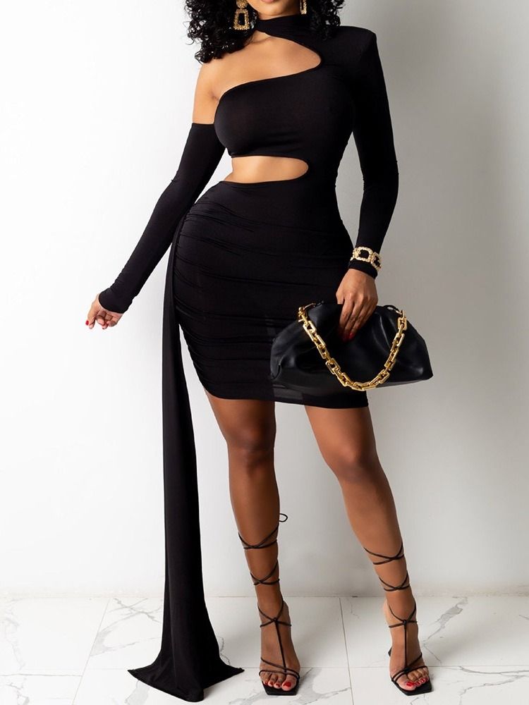 Långärmad Golvlång Asymmetrisk Mode Bodycon-Klänning