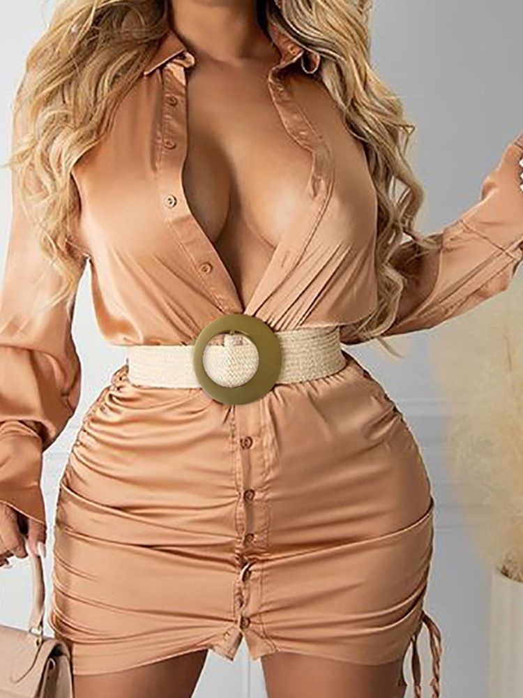 Långärmad Lapel Dragstring Bodycon Enkelknäppt Klänning