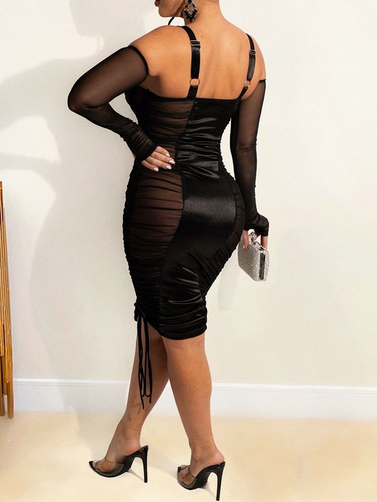 Långärmad Mesh Mid-Kalv Hög Midja Bodycon-Klänning