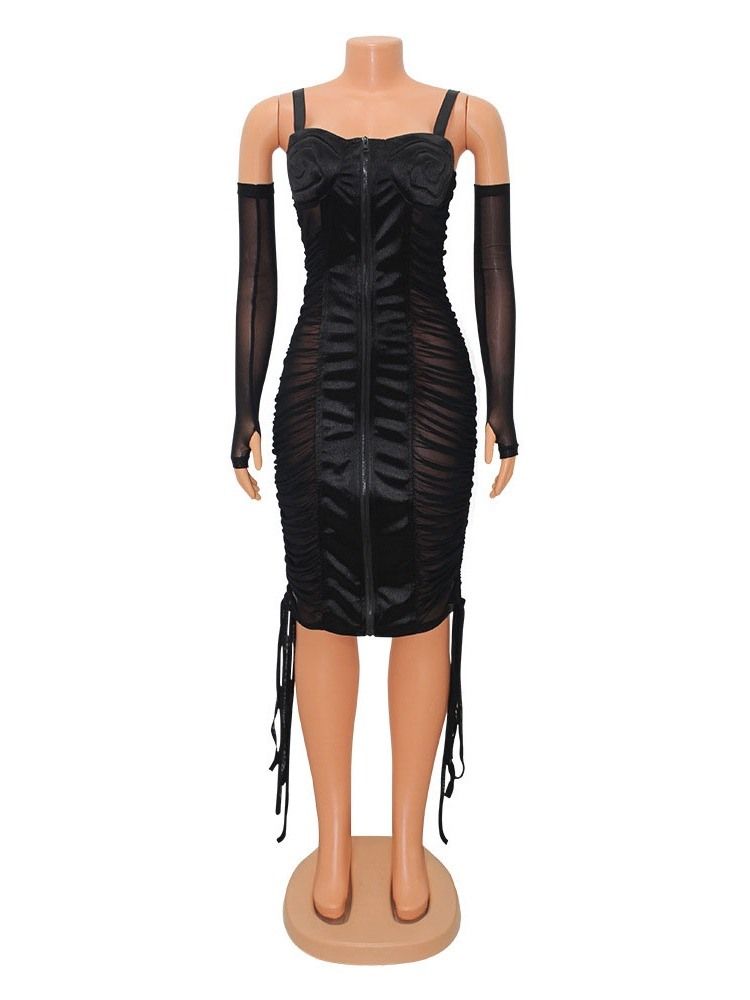 Långärmad Mesh Mid-Kalv Hög Midja Bodycon-Klänning