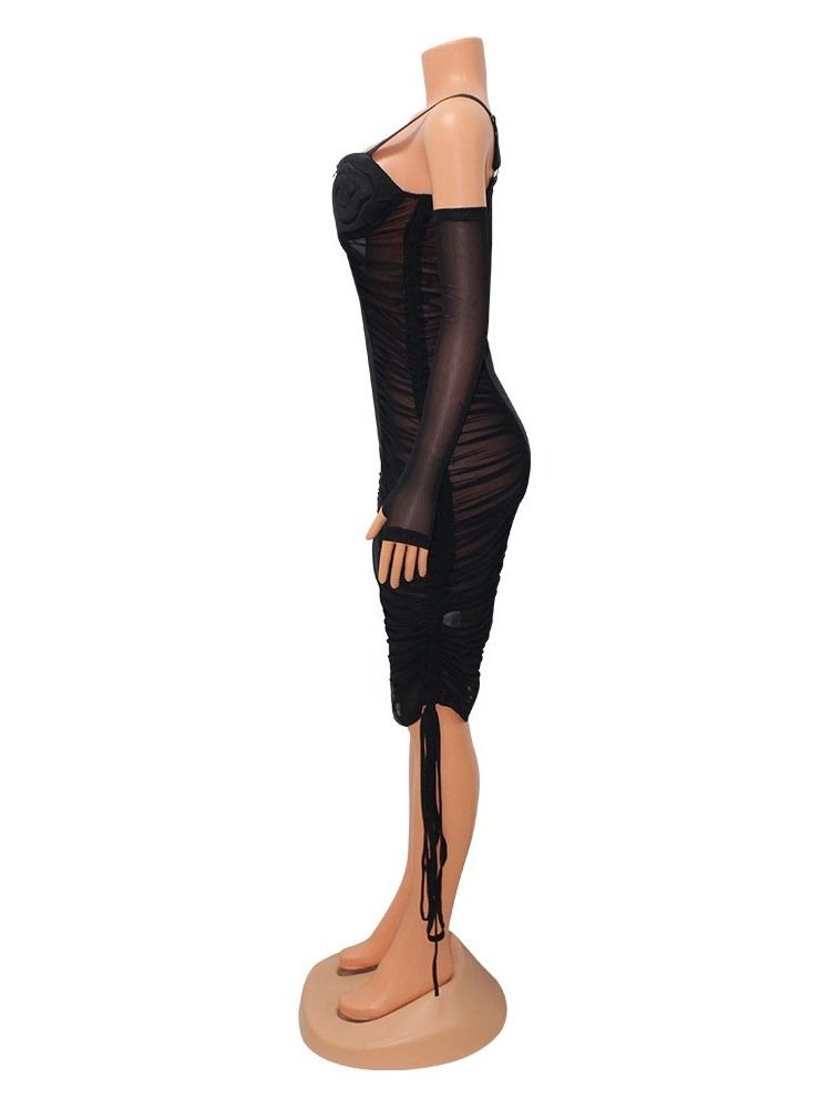Långärmad Mesh Mid-Kalv Hög Midja Bodycon-Klänning