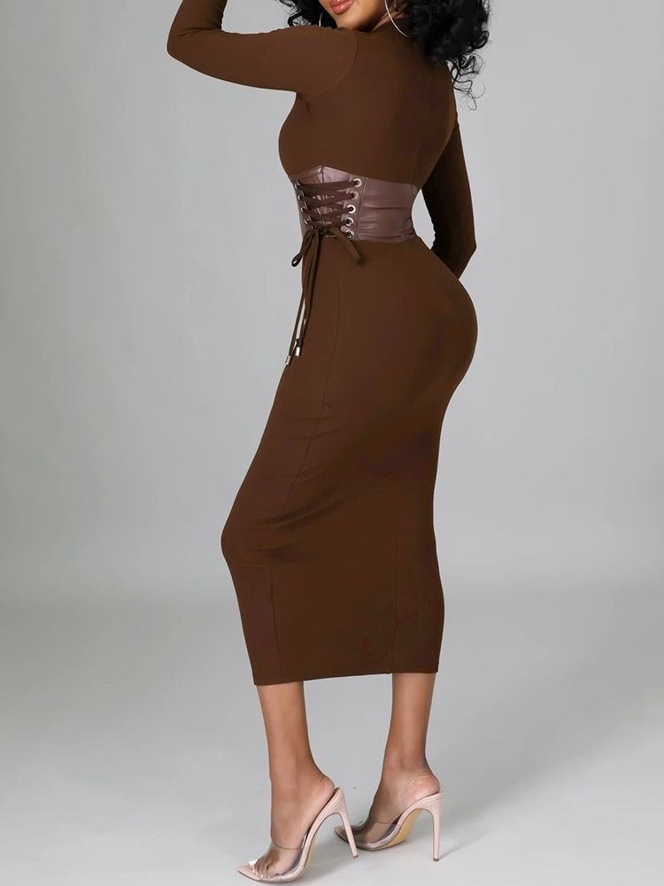 Långärmad Mid-Calf Bodycon Vanlig Klänning