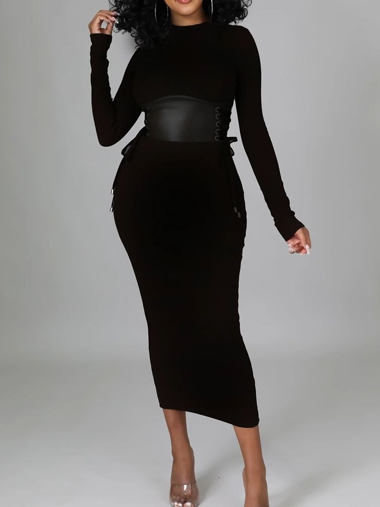 Långärmad Mid-Calf Bodycon Vanlig Klänning