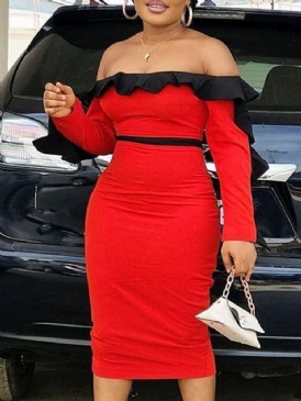 Långärmad Mid-Calf Falbala Bodycon Höstklänning