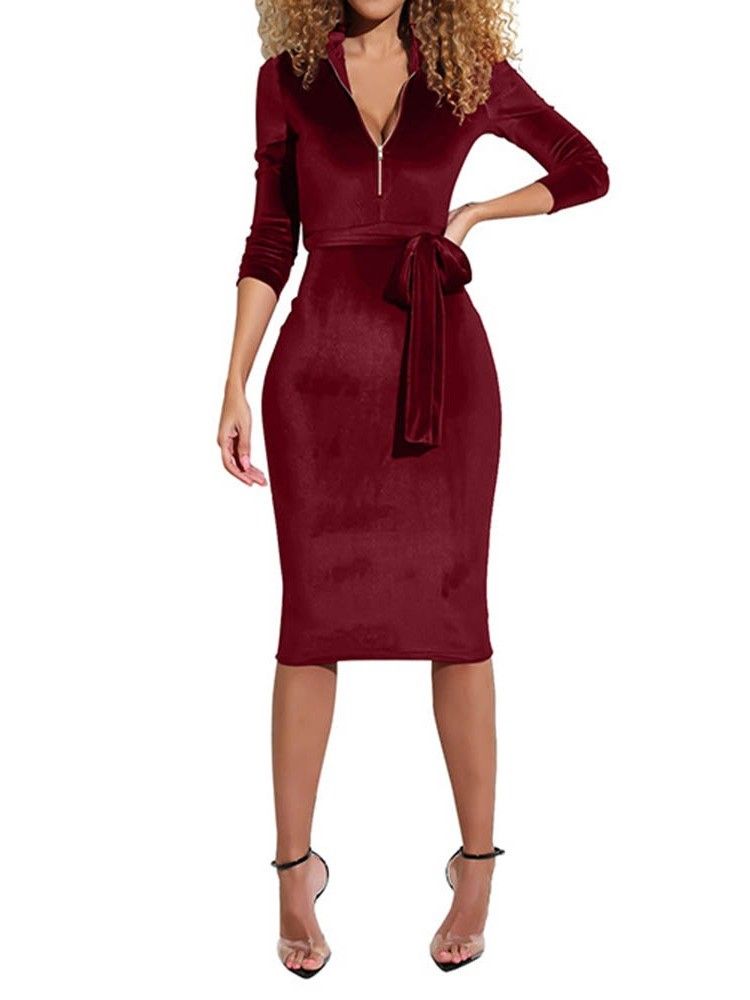 Långärmad Mid-Kalv Sexig Dragkedja Bodycon Klänning