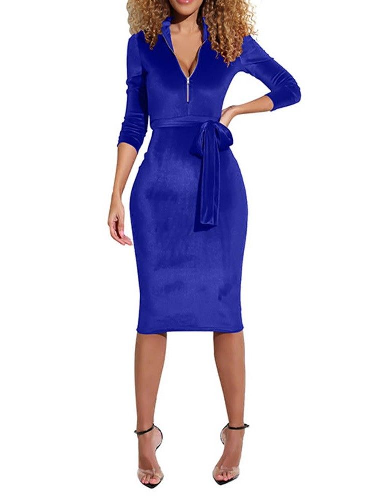 Långärmad Mid-Kalv Sexig Dragkedja Bodycon Klänning