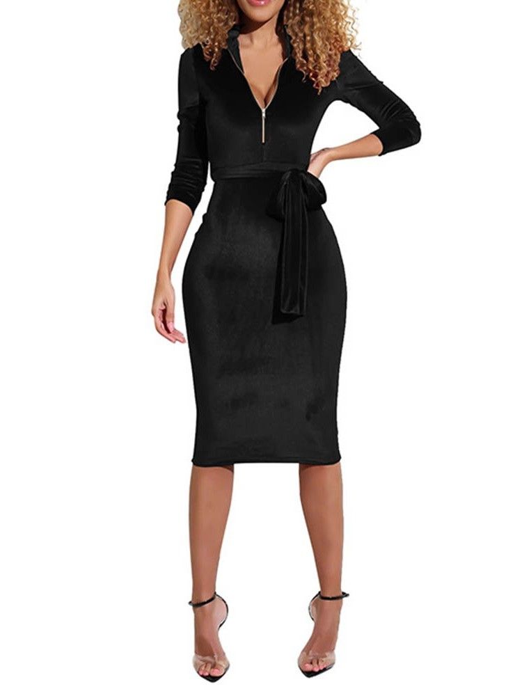 Långärmad Mid-Kalv Sexig Dragkedja Bodycon Klänning