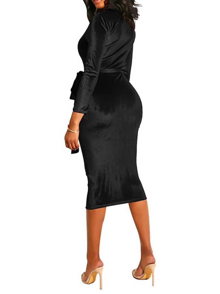 Långärmad Mid-Kalv Sexig Dragkedja Bodycon Klänning