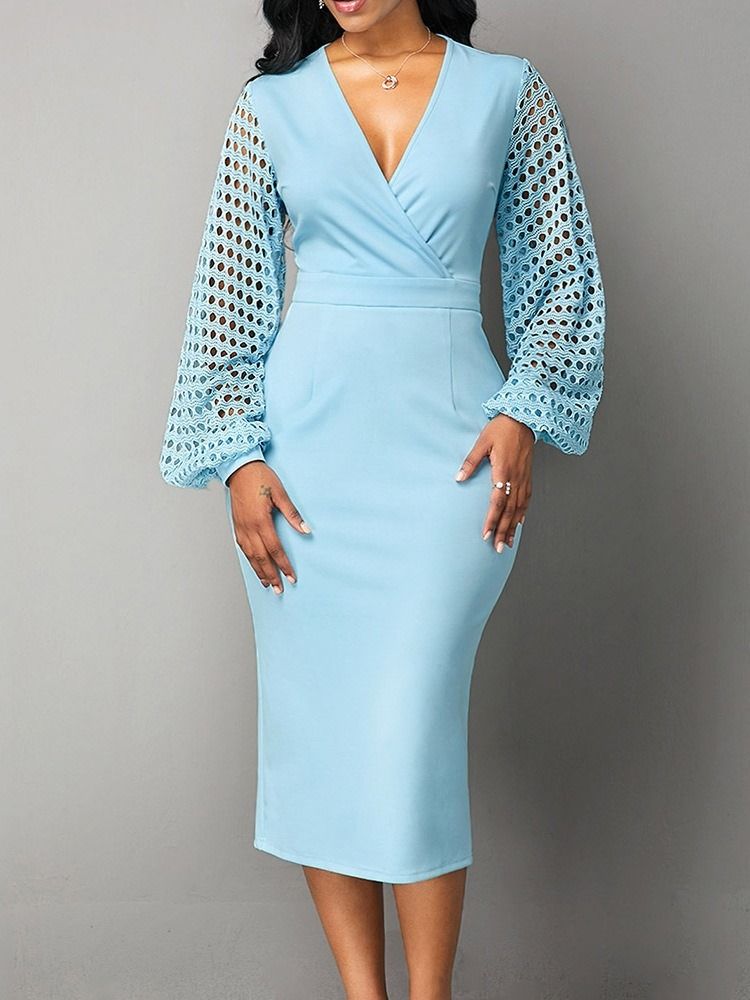 Långärmad Mid-Kalv V-Hals Vanlig Tröja Plus Size Bodycon Klänning