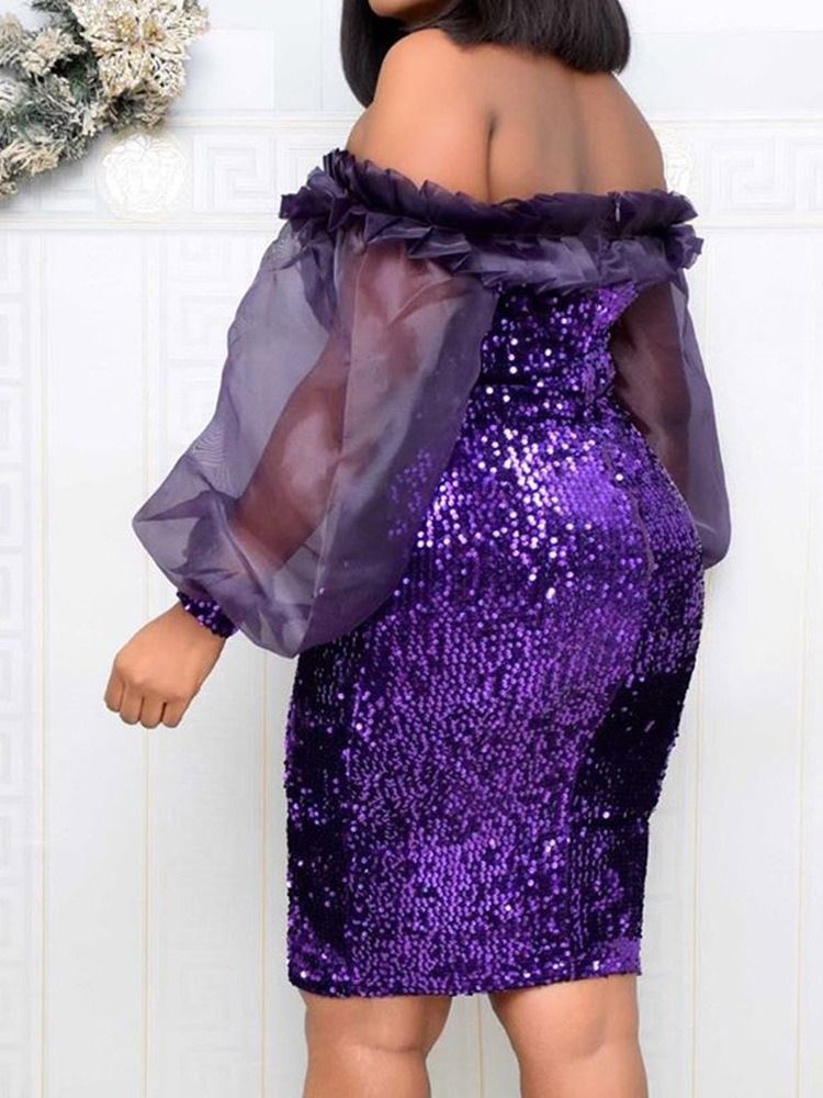 Långärmad Off Shoulder Knälång Bodycon Klänning Med Hög Midja