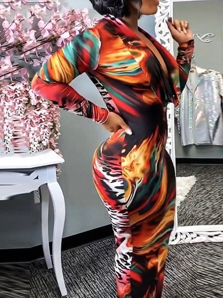 Långärmad Patchwork Golvlång Pullover Color Block Bodycon Klänning