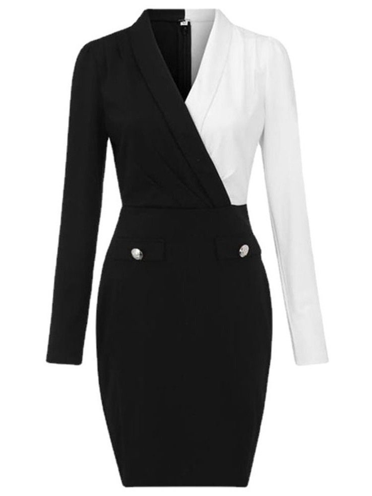 Långärmad Patchwork Knälång Vårmode Bodycon Klänning