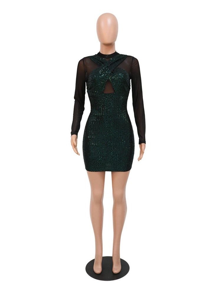 Långärmad Patchwork Stand Collar Spring Regular Bodycon Klänning