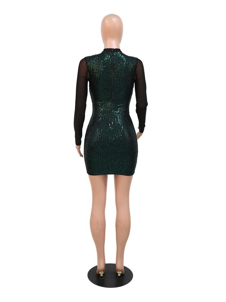 Långärmad Patchwork Stand Collar Spring Regular Bodycon Klänning