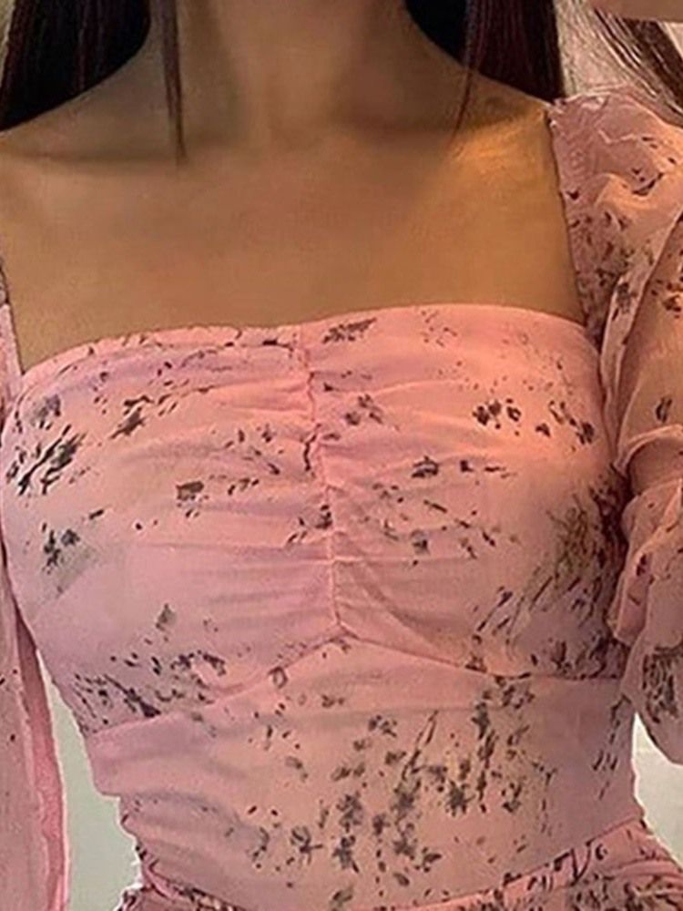 Långärmad Plisserad Fyrkantig Hals Vår Bodycon Klänning
