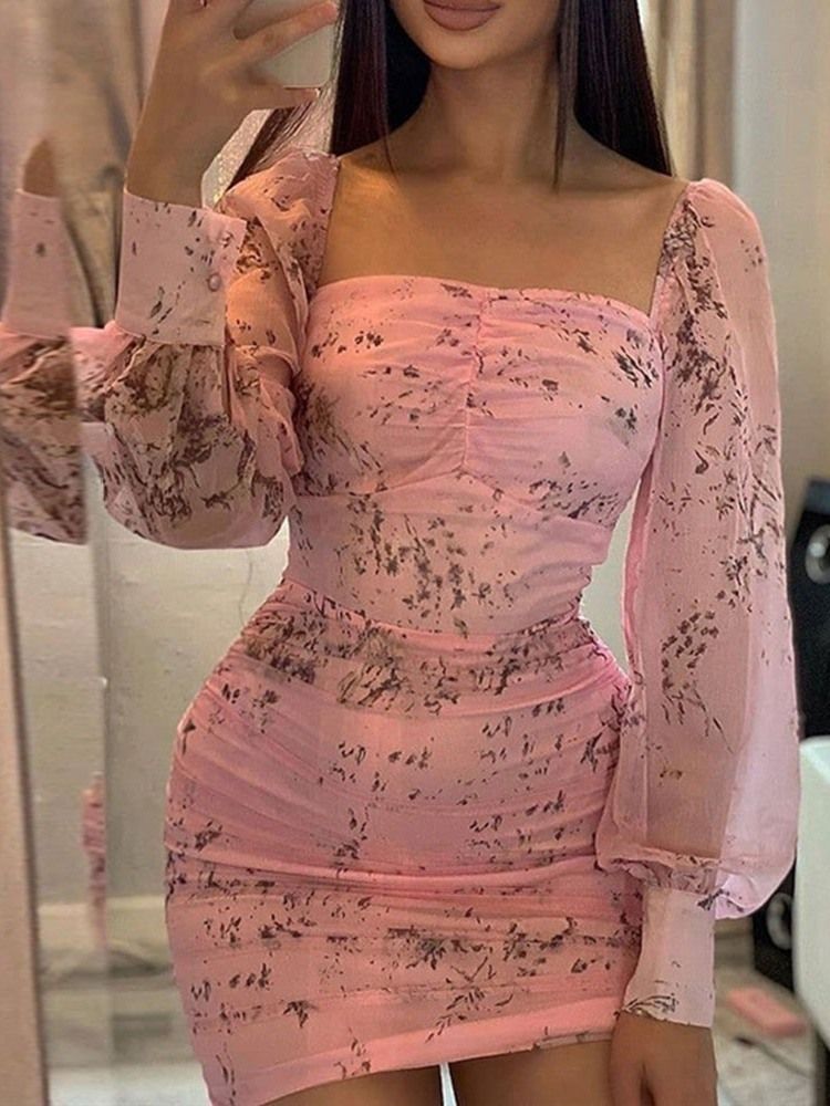 Långärmad Plisserad Fyrkantig Hals Vår Bodycon Klänning