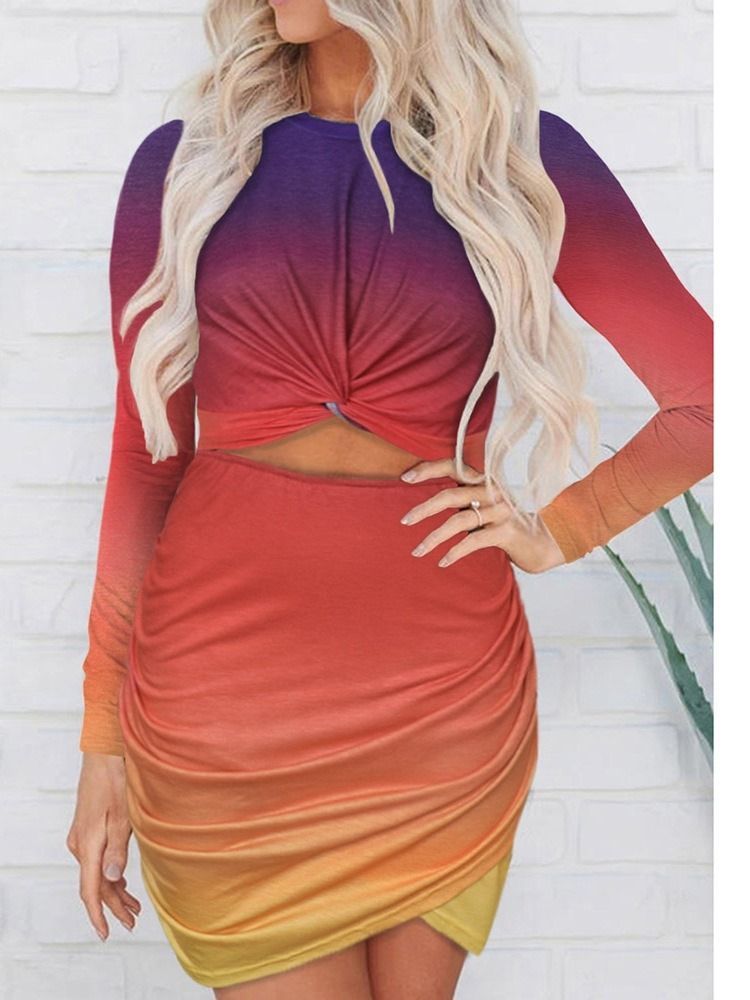 Långärmad Rund Hals Ovanför Knä Bodycon Sexig Klänning
