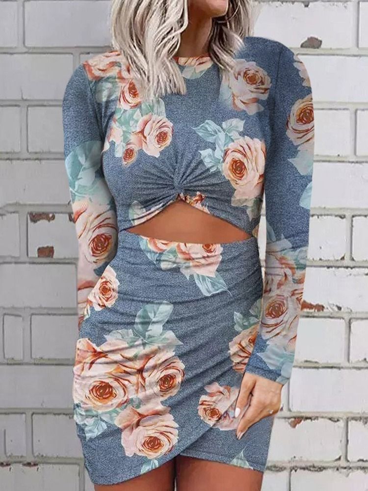 Långärmad Rund Hals Ovanför Knä Bodycon Sexig Klänning