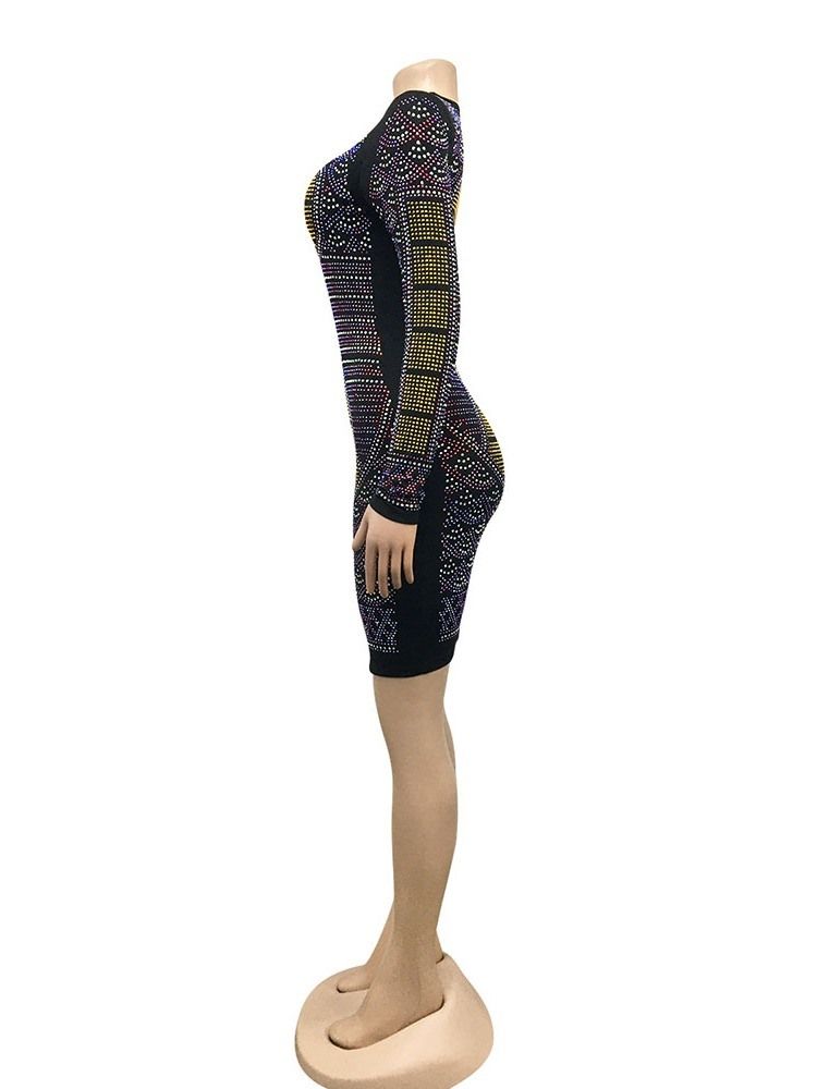 Långärmad Rund Hals Ovanför Knä Pullover Winter Bodycon Klänning