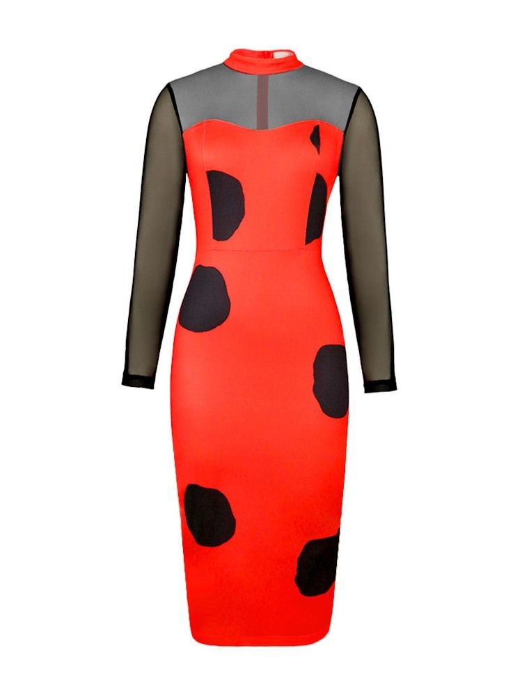 Långärmad Stativkrage Med Hög Midja Hög Midja Mode Bodycon-Klänning