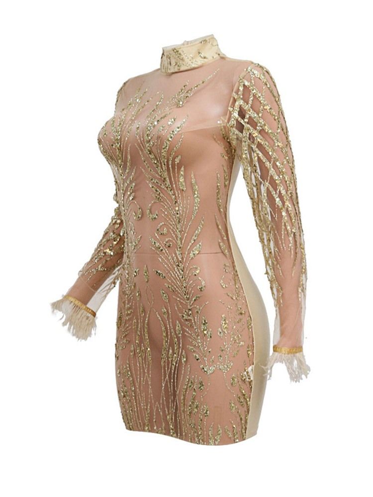 Långärmad Stativkrage Ovanför Knä Vanlig Pullover Bodycon Klänning