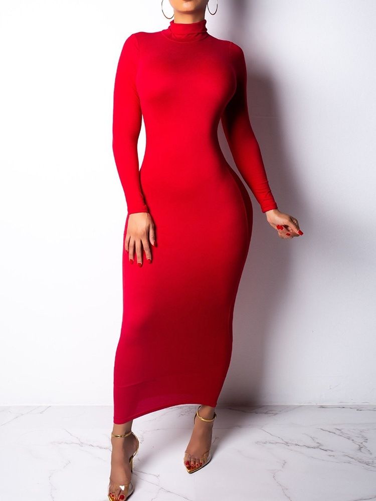 Långärmad Turtleneck Mid-Calf Plain Bodycon Klänningar