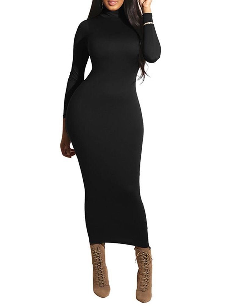 Långärmad Turtleneck Mid-Calf Plain Bodycon Klänningar