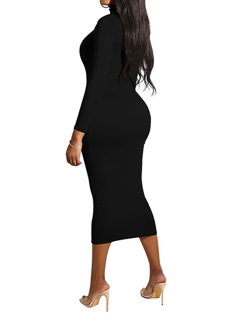 Långärmad Turtleneck Mid-Calf Plain Bodycon Klänningar