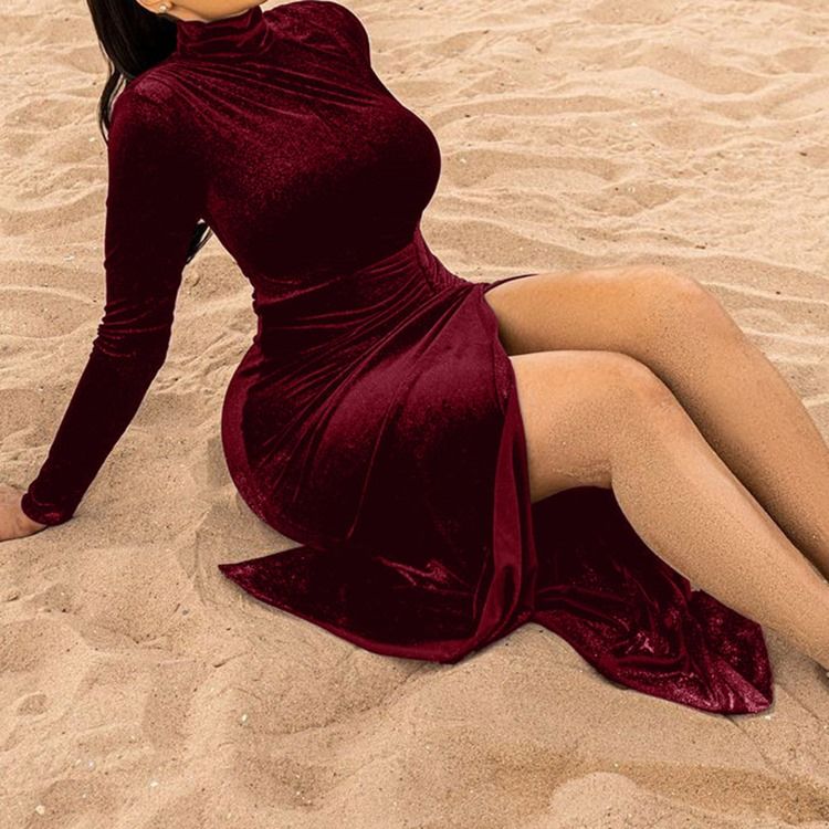 Långärmad Turtleneck Split Bodycon Modeklänning