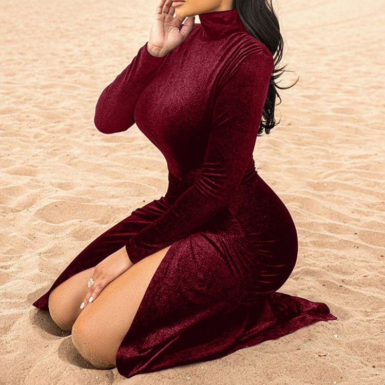 Långärmad Turtleneck Split Bodycon Modeklänning