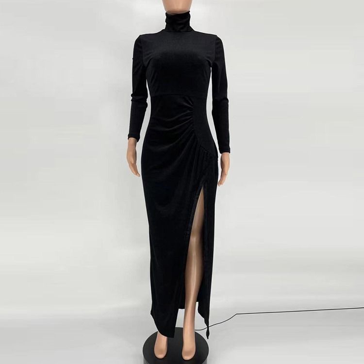 Långärmad Turtleneck Split Bodycon Modeklänning