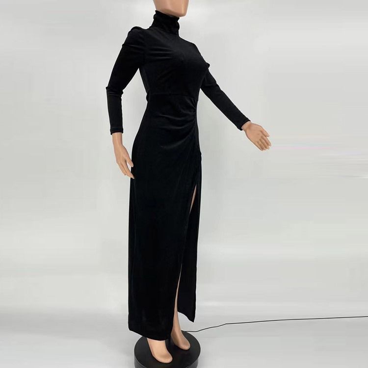 Långärmad Turtleneck Split Bodycon Modeklänning