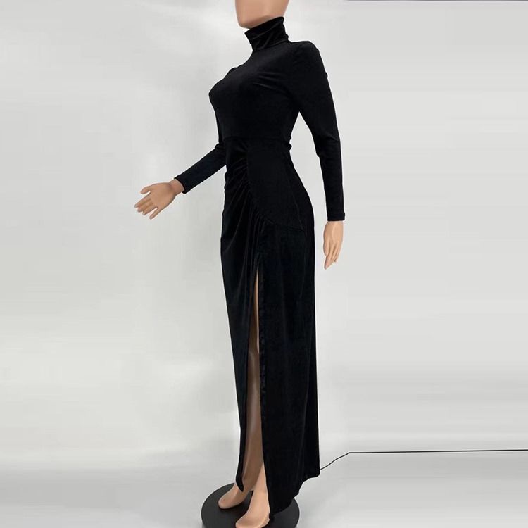Långärmad Turtleneck Split Bodycon Modeklänning