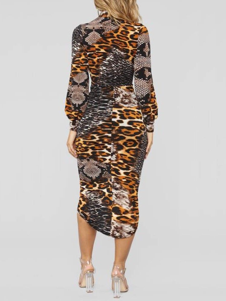 Långärmad V-Ringad Bodycon Leopardklänning