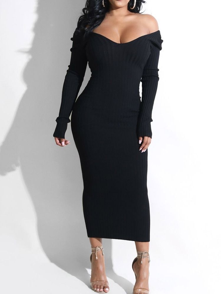 Långärmad V-Ringad Mid-Calf Fashion Bodycon Klänning