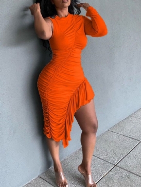 Långärmad Veckad Mid-Calf Bodycon-Klänning