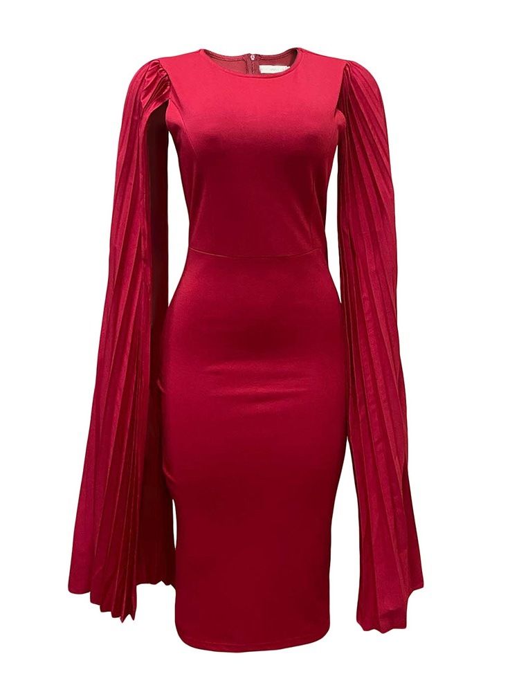 Långärmad Veckad Mid-Kalf Bodycon Hög Midja Klänning