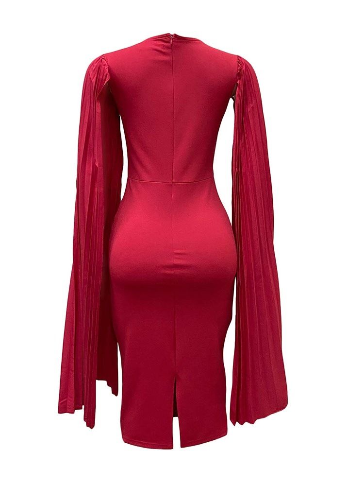 Långärmad Veckad Mid-Kalf Bodycon Hög Midja Klänning