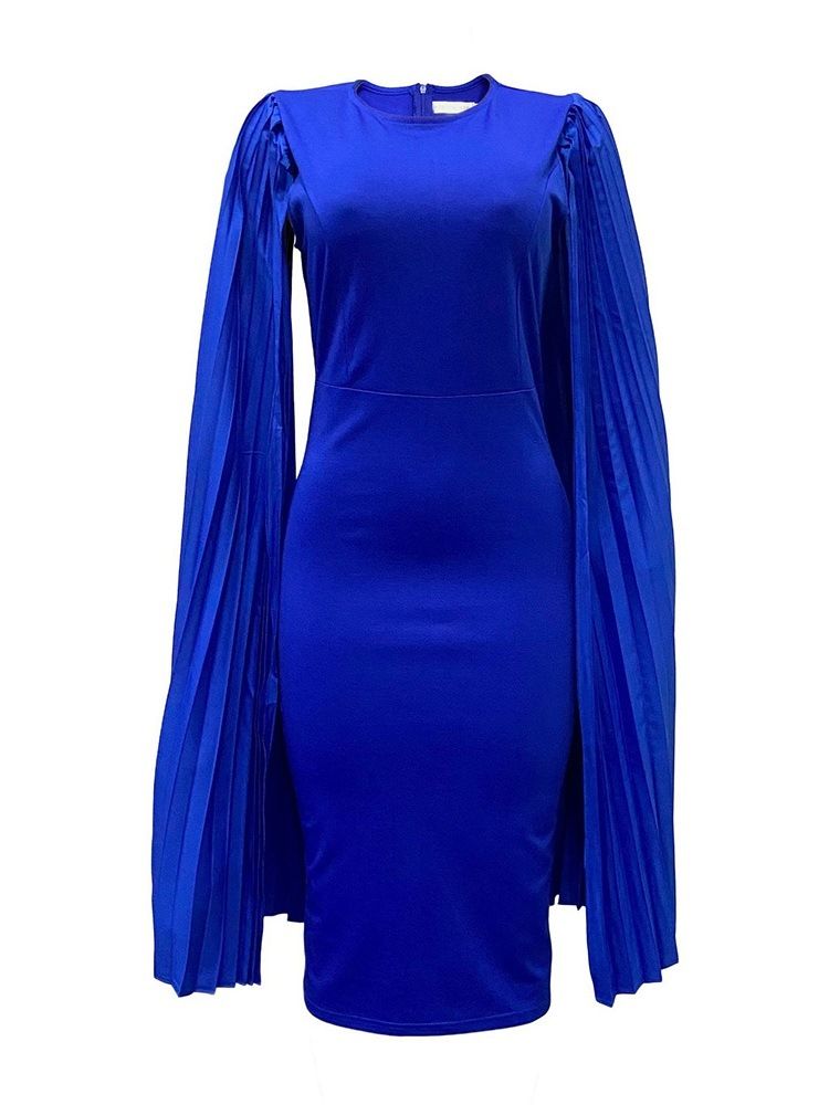 Långärmad Veckad Mid-Kalf Bodycon Hög Midja Klänning