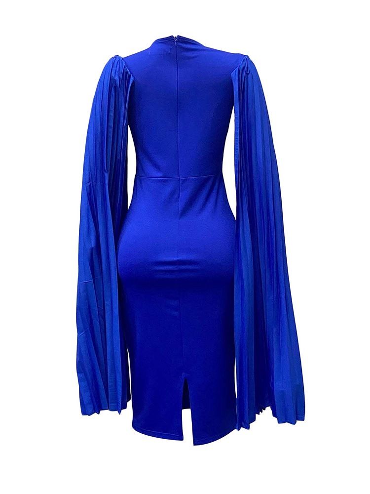 Långärmad Veckad Mid-Kalf Bodycon Hög Midja Klänning